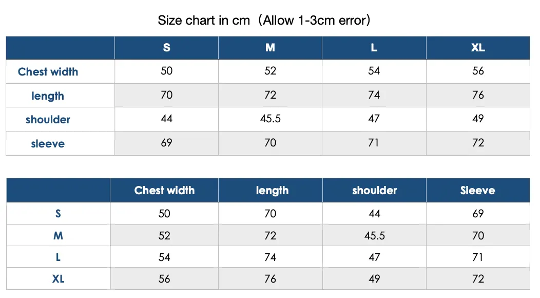 Long Sleeve Size Chart